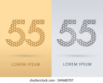 55 ,Number Luxury font outline ,designed using gold geometric on gold background, concept shape from screws, hexagon, honeycomb, jewelry,gems ,logo, symbol, icon, graphic, vector.