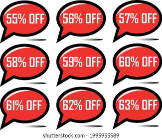 55% off, 56%, 57%, 58%, 59% off, 60%, 61% off, 62%, 63% off. Red floating balloon for special offers on discounts and promotions.