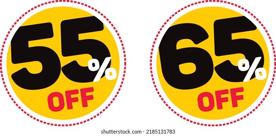 55% off, 65%off Branded discounts set. Banner with two yellow balloons with special offers vector.