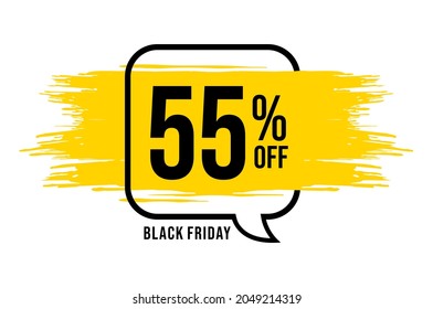 55% off. Banner with 55 percent off on a black balloon with yellow detail for promotions and offers. Discount conceptual banner for big sales.