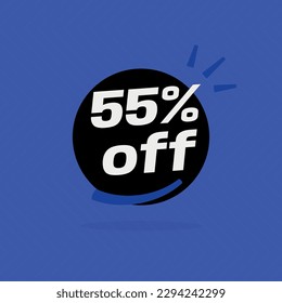 55% off. Black banner with special sale fifty-five percent off black speech bubble and blue background.