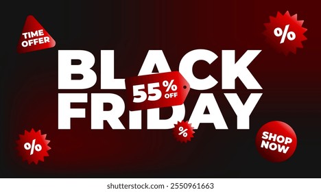 55% off Black Friday Sale Banner. Fifty five percent off. Red and black color. Time offer. Shop now. Holiday promotions and discounts. Vector illustration.