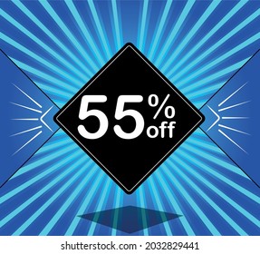 55% off. Blue banner - black balloon for big sales.