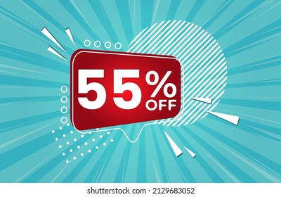 55% de descuento. Banner azul con 55 por ciento de descuento en un globo rojo para grandes ventas.  