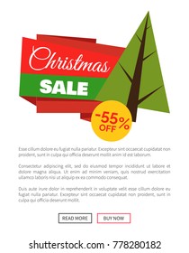 55% Off Christmas Sale Banner Vector Illustration with bright ad text, geometric New Year tree, push-buttons with colorful frames, yellow sticker