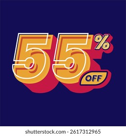 55% off discount banner design in a vibrant retro pop art style. Featuring bold typography with yellow red and navy color palette, perfect for marketing advertisements and social media content.