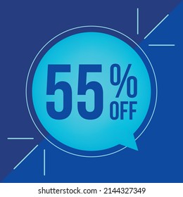 55% off, discount for big sales. Cyan balloon on blue background.