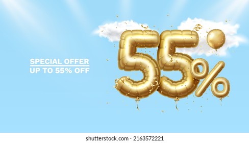 55. Descubre la composición creativa. 3d Símbolo de la venta de oro con objetos decorativos, confeti dorado. Cartel y afiche de venta. Ilustración vectorial.