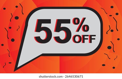 55% de desconto. Desconto no seu preço. Número preto com contorno laranja dentro de um balão branco e fundo laranja composto de elementos gráficos pretos.eps