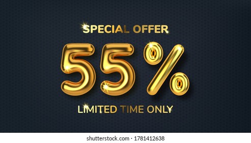 55 off discount promotion sale made of realistic 3d gold balloons. Number in the form of golden balloons. Template for products, advertizing, web banners, leaflets, certificates. Vector illustration