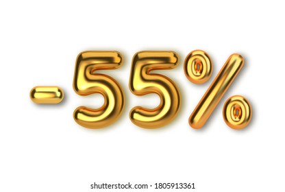 55 off discount promotion sale made of realistic 3d gold balloons. Number in the form of golden balloons. Template for products, advertizing, web banners, leaflets, certificates and postcards. Vector