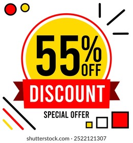 55% off discount 55 % off special offer fifty five percent off discount 55%off Promotions with black and white numbers, yellow ball, circle and red, black and yellow designs.eps