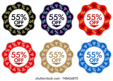 55% Off Discount Sticker. Set of Banner or Sticker Design with 55% Off Sale in Black, Dark-blue, Red, Golden and Blue color. Bright Design for Sales and Discounts of All Seasons