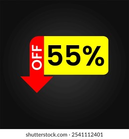 55% off Discount tag. Marketing promotions, retail sales. Simple offer tag design. Fifty five percent off.