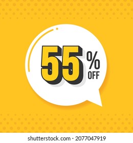 55% off. Discount vector for sales, labels, promotions, offers, stickers, banners, tags and web stickers. New offer. White and black discount balloon emblem on yellow background.