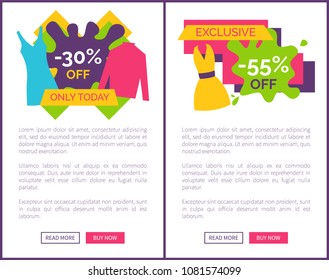 55% off exclusive discount logotype with bright summer dress, 30% sale on modern blouse. Special offer for female clothes vector web page online posters