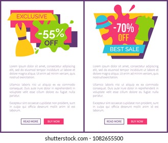 55% off exclusive discount summer dress and 70% of summertime apparel. Special offer for female clothes. Emblems on vector web page online posters