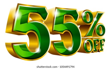 55% off - Fifty five percent off discount gold and green sign. Vector illustration. Special Offer 55 % Off Discount Tag. Ideal for Sticker, Banner, Advertising, TV Commercial and any Decoration.