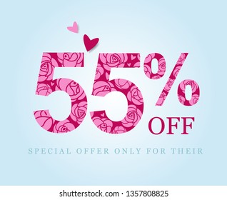 55%  off. fifty five percent discount. Spring or summer sale. Figures decorated with roses. Pink flowers on a red background. Vector illustration