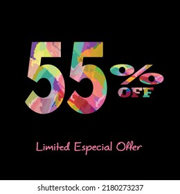 55% off. fifty five percent discount banner on a black background with colorful letters for mega big sales