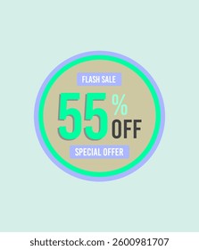 55% off fifty five percent off 55%off flash sale 55 % off special offer %, off 55 retail, designs green purple violet balls, letters numbers green black white gray shadow, blue background.eps