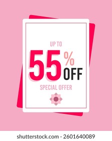 55% off fifty five percent off 55%off up to 55 % off special offer %, off, 55, retail, business finance, letters numbers pink black, pink flowers design, pink background.eps