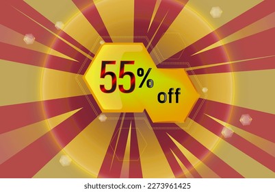 55% off, fifty-five percent off. coupon, offer, yellow geometric shape, red background with rays of light.eps
