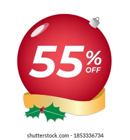 55% off. Fifty-five percent discount. Christmas sale banner. Red bubble with ornaments on a white background vector.