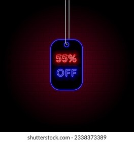 55% off. fifty-five percent off. neon style. best weekend sale. Special offer. limited time. neon vector illustration. bricks background. Red and black.