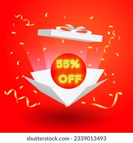 55% off. fifty-five percent off. neon. Special offer and discount sale in red color. White open gift box with percent sign in neon style golden color. vector illustration