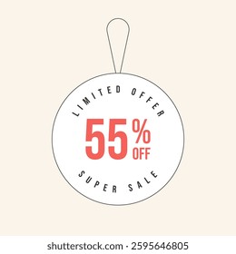 55% OFF flat design of label. Super Sale fifty five percent off. Sticker illustration limited offer. Vector illustration.