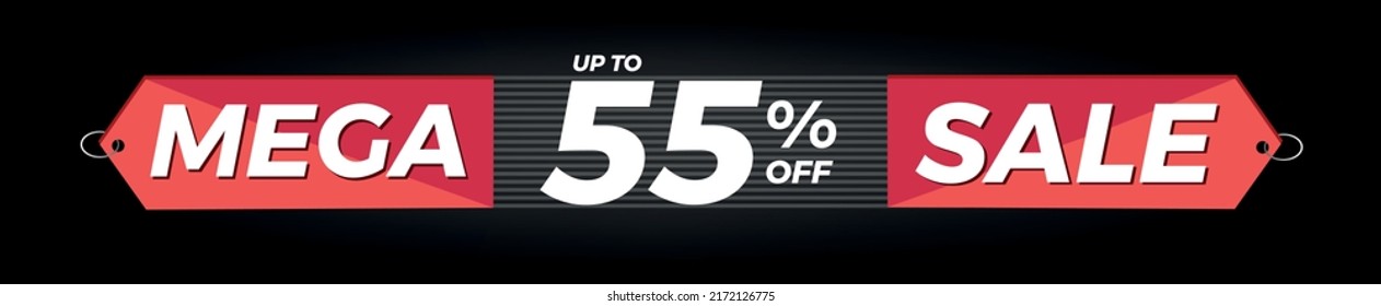 55% off. Horizontal black banner. Advertising for Mega Sale. Up to fifty-five percent discount for promotions and offers.