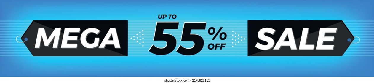 55% off. Horizontal blue banner. Advertising for Mega Sale. Up to fifty-five percent discount for promotions and offers.