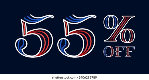 55% OFF lettering made of blue and red lines. Serif sport style font. Patriotic lettering for Super Sale. Special offer template for US history event, team uniform discount, VIP coupon, motor store.