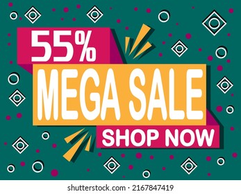 55% off mega sale. Banner with 55% off icon. Shop now for online sales.