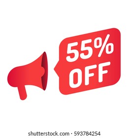 55% off. Megaphone icon. Vector illustration on white background. Can be used business company for sale season or for black friday.