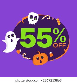 55% off on Halloween. Vector illustration of super offer in purple and orange balloon, plus halloween, ghost, skull, pumpkin and candy icons.