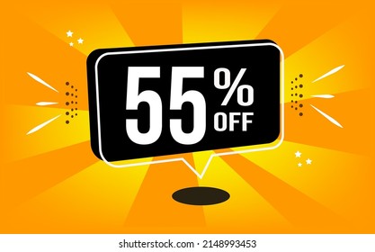 55% off. Orange banner with black balloon and special buy and sell offer