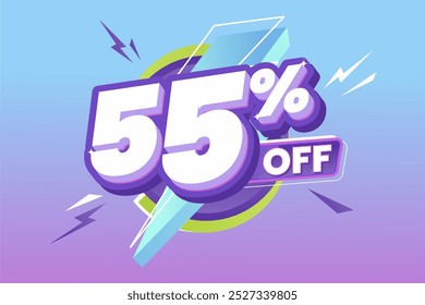 55% Off Promotion with bold white and purple 3D text, surrounded by dynamic lightning shapes, set on a vibrant gradient blue to purple background. Perfect for sale events.