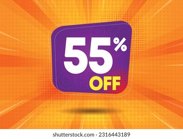 55% off. Purple flag with fifty-five percent off. Vector illustration for sales with special offers for retail. Colors: white, purple, yellow and orange