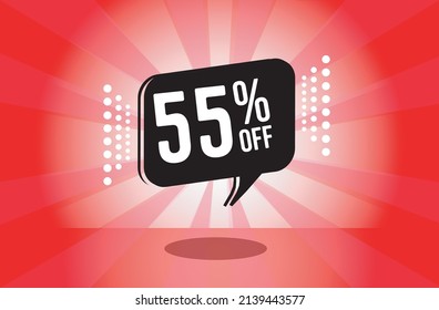 55% off. red banner with fifty five percent discount on a black balloon for mega big sales.