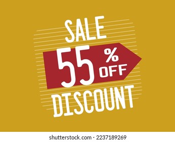 55% Off. Red discount banner with fifty-five percent. Promotion with price reduction for products