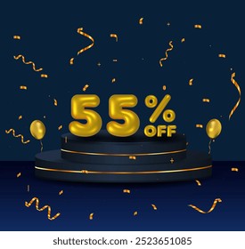 55 off. sale banner. Golden 3d number. Signage promotion. Vector illustration.