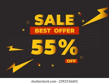 55% off sale best offer. Sale banner with fifty five percent of discount, coupon or voucher vector illustration. Yellow and red template for campaign or promotion.