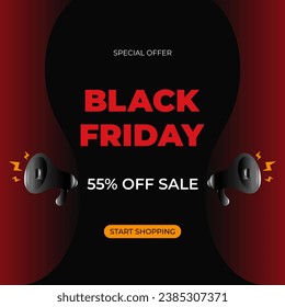 55% off sale Black Friday header with special offer advertising. Fifty five. Promotional banner with discount and loudspeakers. Vector illustration.