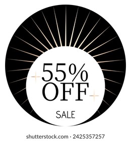 55% off sale written on a white circle with two stars and, in the background, sunshine and a black circle.