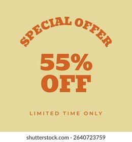 55% OFF. Special offer fifty five, percent, limited time only. Retro 80s 90s style. Vintage vector illustration.