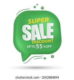 Up to 55% off. Super sale icon on white background. 3d green speech bubble