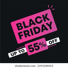 55% de descuento. Ilustración vectorial Viernes Negro para las ventas. Anuncio de descuento de precio. Campaña para tiendas, tiendas. Para los medios sociales, afiche.