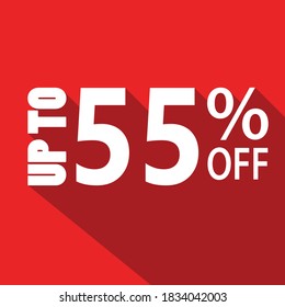 up to 55% off white text on a red background